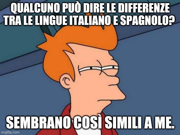 Qualcuno per favore mi aiuti a dire la differenza. Grazie! | QUALCUNO PUÒ DIRE LE DIFFERENZE TRA LE LINGUE ITALIANO E SPAGNOLO? SEMBRANO COSÌ SIMILI A ME. | image tagged in memes,futurama fry | made w/ Imgflip meme maker