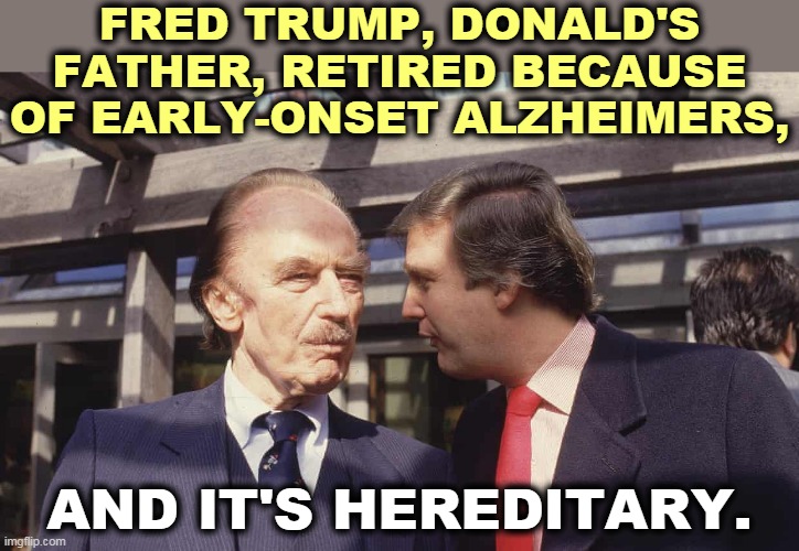 Donald was always deranged, but now he's a puddle of goo. | FRED TRUMP, DONALD'S FATHER, RETIRED BECAUSE OF EARLY-ONSET ALZHEIMERS, AND IT'S HEREDITARY. | image tagged in fred trump early-onset alzheimers and his stupid son donald,trump,alzheimers,insane,crazy,nuts | made w/ Imgflip meme maker