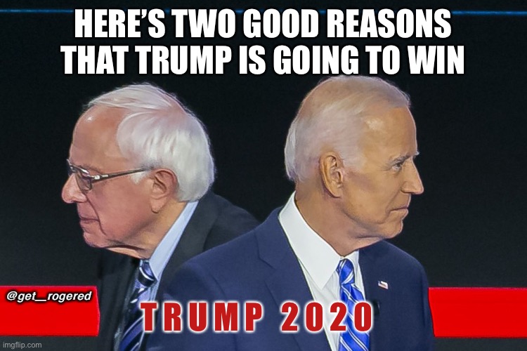 Sanders and Biden | HERE’S TWO GOOD REASONS THAT TRUMP IS GOING TO WIN; @get_rogered; T R U M P   2 0 2 0 | image tagged in sanders and biden | made w/ Imgflip meme maker