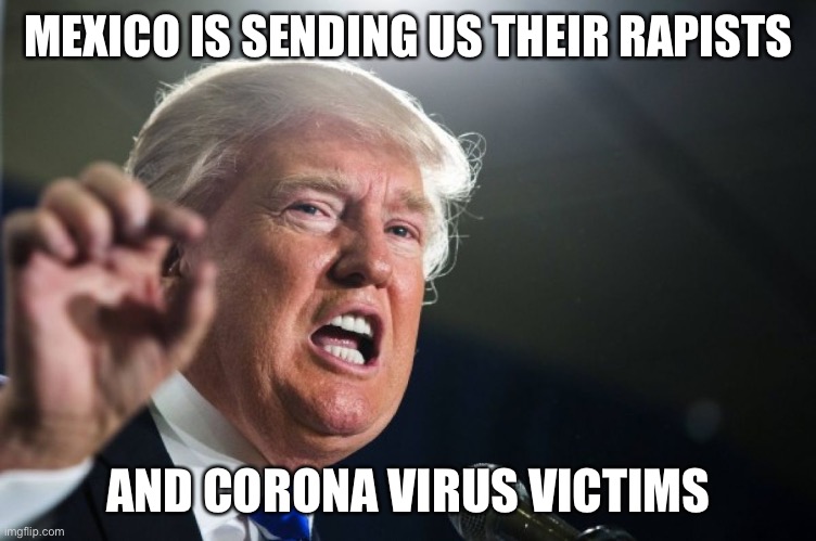donald trump | MEXICO IS SENDING US THEIR RAPISTS AND CORONA VIRUS VICTIMS | image tagged in donald trump | made w/ Imgflip meme maker