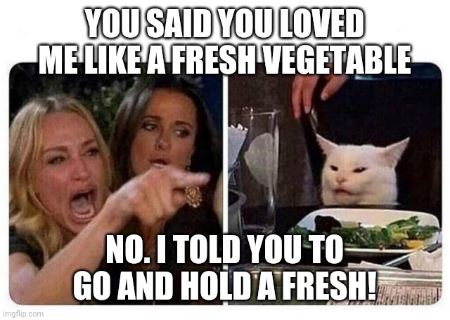 Cat at Dinner | YOU SAID YOU LOVED ME LIKE A FRESH VEGETABLE; NO. I TOLD YOU TO GO AND HOLD A FRESH! | image tagged in cat at dinner | made w/ Imgflip meme maker