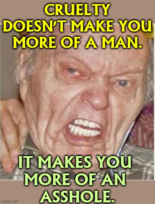 Paging Herr Drumpf. | CRUELTY DOESN'T MAKE YOU MORE OF A MAN. IT MAKES YOU 
MORE OF AN 
ASSHOLE. | image tagged in angry old man,cruel,manly,asshole,jerk | made w/ Imgflip meme maker
