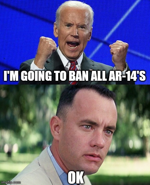 I'M GOING TO BAN ALL AR-14'S; OK | image tagged in memes,and just like that,joe biden fists angry | made w/ Imgflip meme maker