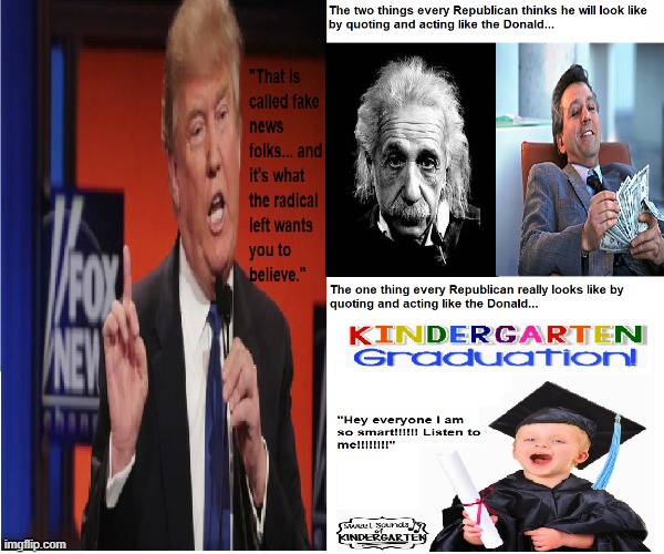 The new Republicans are delusional | image tagged in donald trump,fox news,politics,kindergarten,genius,billionaire | made w/ Imgflip meme maker