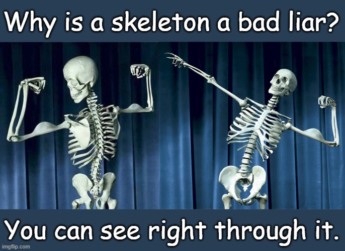a bad liar | Why is a skeleton a bad liar? You can see right through it. | image tagged in funny | made w/ Imgflip meme maker