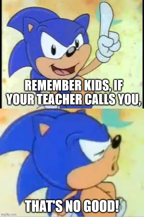 REMEMBER KIDS, IF YOUR TEACHER CALLS YOU, THAT'S NO GOOD! | image tagged in sonic that's no good,that's no good | made w/ Imgflip meme maker
