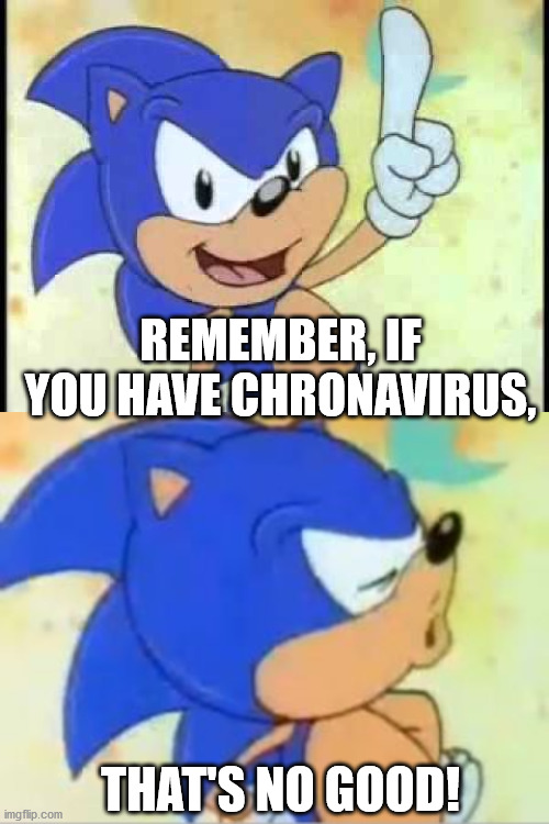 THAT'S NO GOOD! REMEMBER, IF YOU HAVE CHRONAVIRUS, | image tagged in sonic that's no good,that's no good | made w/ Imgflip meme maker