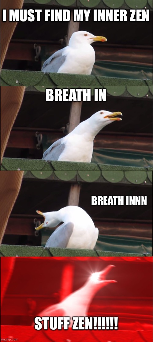 Inhaling Seagull | I MUST FIND MY INNER ZEN; BREATH IN; BREATH INNN; STUFF ZEN!!!!!! | image tagged in memes,inhaling seagull | made w/ Imgflip meme maker
