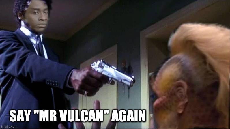 Tuvix 2 | SAY "MR VULCAN" AGAIN | image tagged in tuvix 2 | made w/ Imgflip meme maker