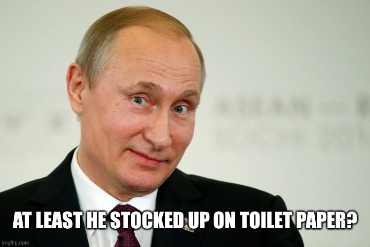Sarcastic Putin | AT LEAST HE STOCKED UP ON TOILET PAPER? | image tagged in sarcastic putin | made w/ Imgflip meme maker