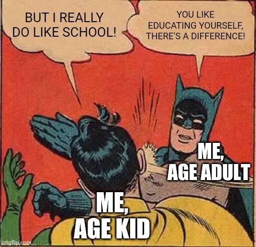 Batman Slapping Robin Meme | BUT I REALLY DO LIKE SCHOOL! YOU LIKE EDUCATING YOURSELF, THERE'S A DIFFERENCE! ME, AGE KID ME, AGE ADULT | image tagged in memes,batman slapping robin | made w/ Imgflip meme maker