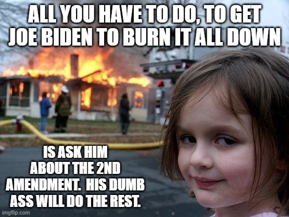 Disaster Girl | ALL YOU HAVE TO DO, TO GET JOE BIDEN TO BURN IT ALL DOWN; IS ASK HIM ABOUT THE 2ND AMENDMENT.  HIS DUMB ASS WILL DO THE REST. | image tagged in memes,disaster girl | made w/ Imgflip meme maker