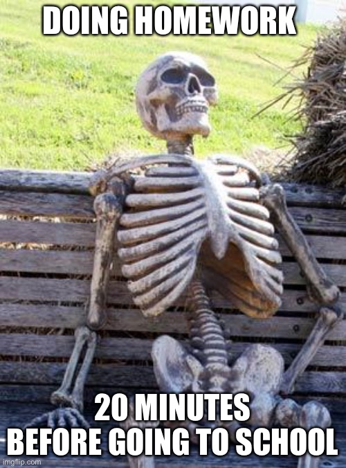 Waiting Skeleton Meme | DOING HOMEWORK; 20 MINUTES BEFORE GOING TO SCHOOL | image tagged in memes,waiting skeleton | made w/ Imgflip meme maker