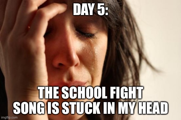 First World Problems Meme | DAY 5:; THE SCHOOL FIGHT SONG IS STUCK IN MY HEAD | image tagged in memes,first world problems | made w/ Imgflip meme maker
