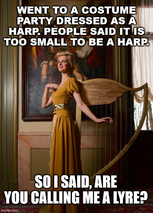 I am not a lyre so please do not harp on me. | WENT TO A COSTUME PARTY DRESSED AS A HARP. PEOPLE SAID IT IS TOO SMALL TO BE A HARP. SO I SAID, ARE YOU CALLING ME A LYRE? | image tagged in bad joke,bad pun,play on words | made w/ Imgflip meme maker
