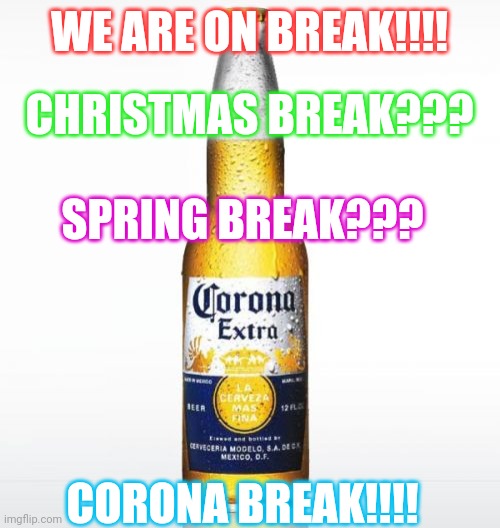 Corona | WE ARE ON BREAK!!!! CHRISTMAS BREAK??? SPRING BREAK??? CORONA BREAK!!!! | image tagged in memes,corona | made w/ Imgflip meme maker