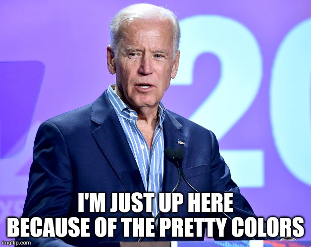 Joe Biden Speech | I'M JUST UP HERE BECAUSE OF THE PRETTY COLORS | image tagged in joe biden speech | made w/ Imgflip meme maker