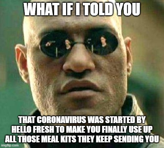 What if i told you | WHAT IF I TOLD YOU; THAT CORONAVIRUS WAS STARTED BY HELLO FRESH TO MAKE YOU FINALLY USE UP ALL THOSE MEAL KITS THEY KEEP SENDING YOU | image tagged in what if i told you | made w/ Imgflip meme maker