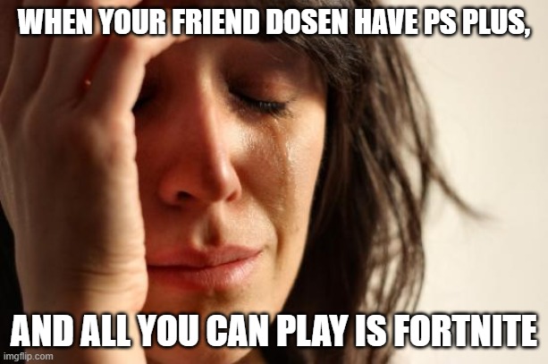 First World Problems | WHEN YOUR FRIEND DOSEN HAVE PS PLUS, AND ALL YOU CAN PLAY IS FORTNITE | image tagged in memes,first world problems | made w/ Imgflip meme maker