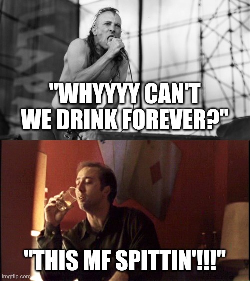 "...so how dark IS your sense of humor?" | "WHYYYY CAN'T WE DRINK FOREVER?"; "THIS MF SPITTIN'!!!" | image tagged in tool,nicholas cage,alcoholic,dark humor,sober,heavy metal | made w/ Imgflip meme maker