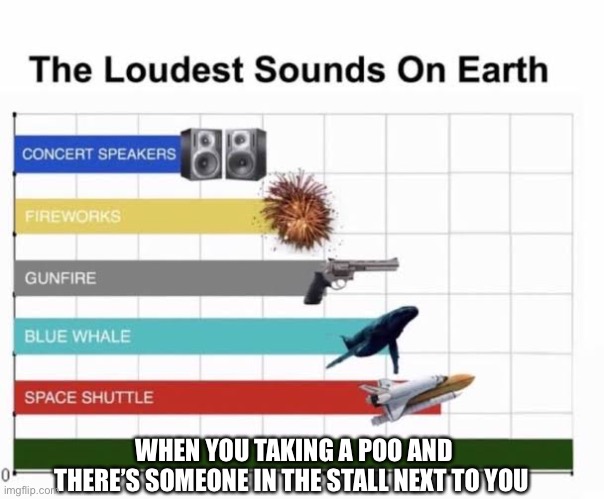 The Loudest Sounds on Earth | WHEN YOU TAKING A POO AND THERE’S SOMEONE IN THE STALL NEXT TO YOU | image tagged in the loudest sounds on earth | made w/ Imgflip meme maker