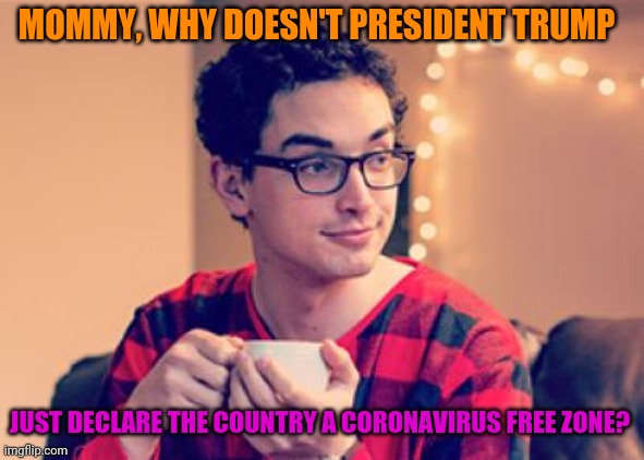 Liberal Logic To The Rescue |  MOMMY, WHY DOESN'T PRESIDENT TRUMP; JUST DECLARE THE COUNTRY A CORONAVIRUS FREE ZONE? | image tagged in millennial,liberal logic,funny memes,political meme,sarcasm | made w/ Imgflip meme maker