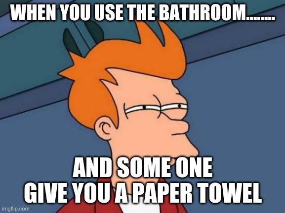 Futurama Fry Meme | WHEN YOU USE THE BATHROOM........ AND SOME ONE GIVE YOU A PAPER TOWEL | image tagged in memes,futurama fry | made w/ Imgflip meme maker