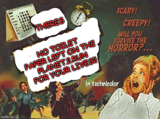 the horror | THERES; NO TOILET PAPER LEFT ON THE PLANET.!!.RUN FOR YOUR LIVES!! | image tagged in first world problems | made w/ Imgflip meme maker