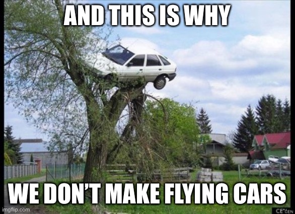 Secure Parking Meme | AND THIS IS WHY; WE DON’T MAKE FLYING CARS | image tagged in memes,secure parking | made w/ Imgflip meme maker