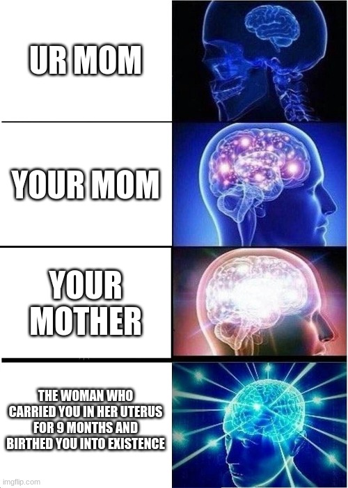 Expanding Brain | UR MOM; YOUR MOM; YOUR MOTHER; THE WOMAN WHO CARRIED YOU IN HER UTERUS FOR 9 MONTHS AND BIRTHED YOU INTO EXISTENCE | image tagged in memes,expanding brain | made w/ Imgflip meme maker