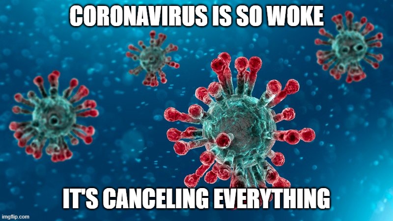 CORONAVIRUS IS SO WOKE; IT'S CANCELING EVERYTHING | image tagged in coronavirus,covid-19,cancelled,woke | made w/ Imgflip meme maker