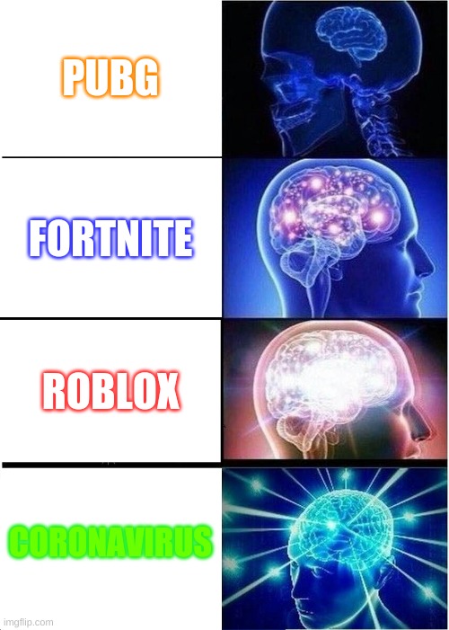 Expanding Brain | PUBG; FORTNITE; ROBLOX; CORONAVIRUS | image tagged in memes,expanding brain | made w/ Imgflip meme maker