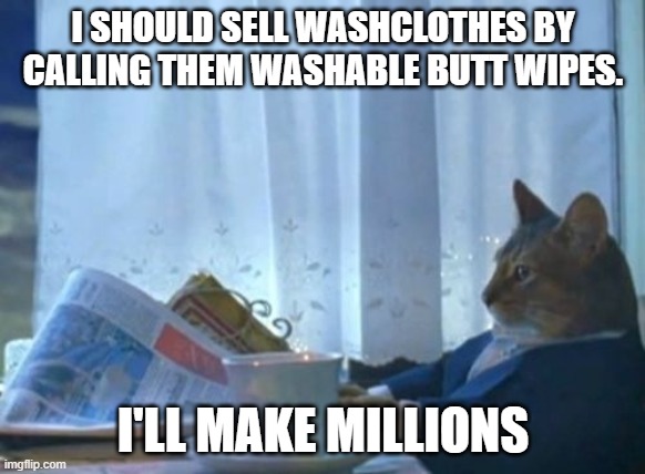 I Should Buy A Boat Cat | I SHOULD SELL WASHCLOTHES BY CALLING THEM WASHABLE BUTT WIPES. I'LL MAKE MILLIONS | image tagged in memes,i should buy a boat cat | made w/ Imgflip meme maker