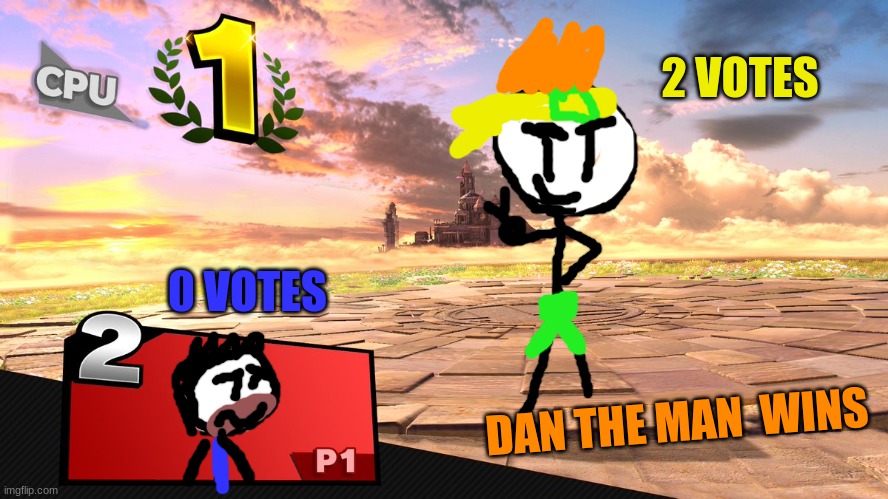 the results are in | 2 VOTES; 0 VOTES; DAN THE MAN  WINS | image tagged in super smash bros,dan the man | made w/ Imgflip meme maker