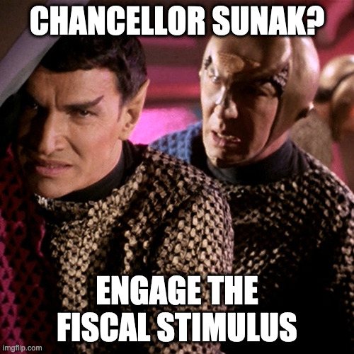 Star Trek TOS Romulans | CHANCELLOR SUNAK? ENGAGE THE FISCAL STIMULUS | image tagged in star trek tos romulans | made w/ Imgflip meme maker