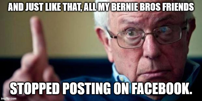 Bernie Sanders | AND JUST LIKE THAT, ALL MY BERNIE BROS FRIENDS; STOPPED POSTING ON FACEBOOK. | image tagged in bernie sanders | made w/ Imgflip meme maker