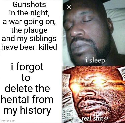 Sleeping Shaq Meme |  Gunshots in the night, a war going on, the plauge and my siblings have been killed; i forgot to  delete the hentai from my history | image tagged in memes,sleeping shaq | made w/ Imgflip meme maker