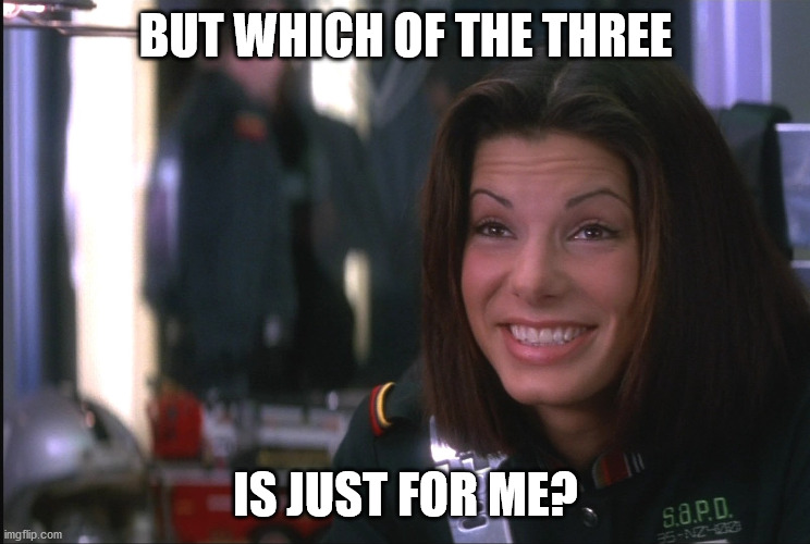 Demolition Man Sandra Bullock goofy smile | BUT WHICH OF THE THREE IS JUST FOR ME? | image tagged in demolition man sandra bullock goofy smile | made w/ Imgflip meme maker