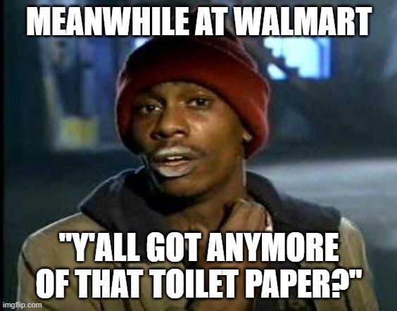 Y'all got anymore | MEANWHILE AT WALMART; "Y'ALL GOT ANYMORE OF THAT TOILET PAPER?" | image tagged in yall got any more of,toilet paper | made w/ Imgflip meme maker