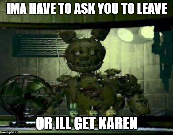 FNAF Springtrap in window | IMA HAVE TO ASK YOU TO LEAVE; OR ILL GET KAREN | image tagged in fnaf springtrap in window | made w/ Imgflip meme maker