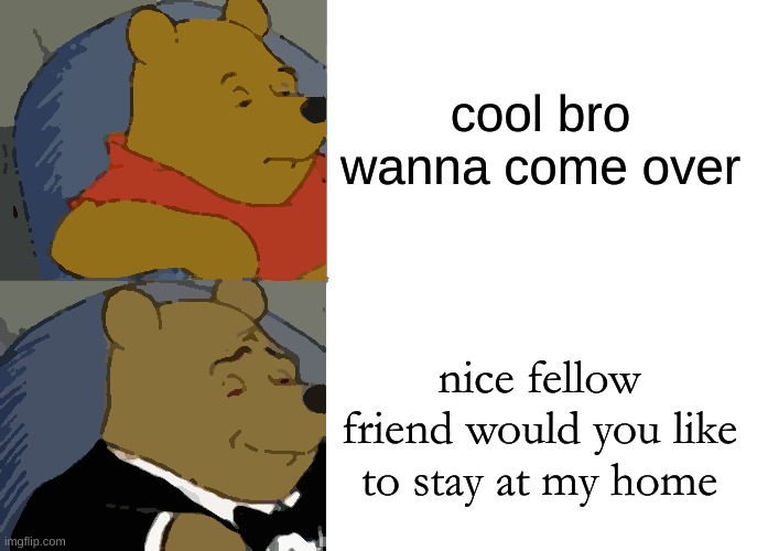 Tuxedo Winnie The Pooh | cool bro wanna come over; nice fellow friend would you like to stay at my home | image tagged in memes,tuxedo winnie the pooh | made w/ Imgflip meme maker