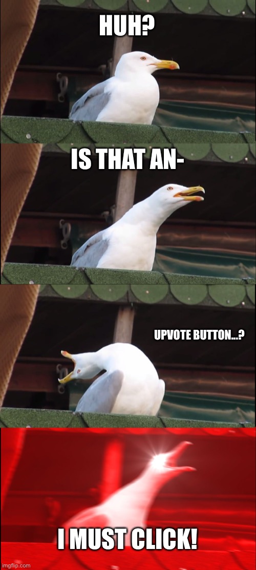 Inhaling Seagull | HUH? IS THAT AN-; UPVOTE BUTTON...? I MUST CLICK! | image tagged in memes,inhaling seagull | made w/ Imgflip meme maker