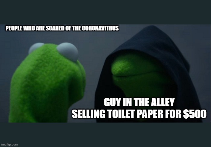 Evil Kermit | PEOPLE WHO ARE SCARED OF THE CORONAVITRUS; GUY IN THE ALLEY SELLING TOILET PAPER FOR $500 | image tagged in memes,evil kermit | made w/ Imgflip meme maker