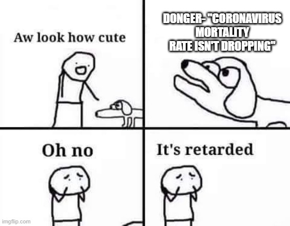Oh no, it's retarded (template) | DONGER- "CORONAVIRUS MORTALITY RATE ISN'T DROPPING" | image tagged in oh no it's retarded template | made w/ Imgflip meme maker