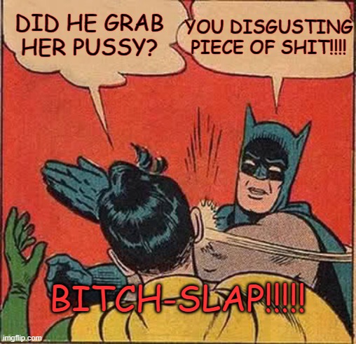 Batman Slapping Robin Meme | DID HE GRAB HER PUSSY? YOU DISGUSTING PIECE OF SHIT!!!! B**CH-SLAP!!!!! | image tagged in memes,batman slapping robin | made w/ Imgflip meme maker
