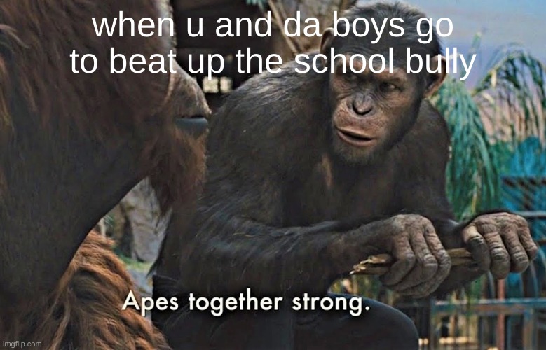 Apes Together Strong | when u and da boys go to beat up the school bully | image tagged in apes together strong | made w/ Imgflip meme maker