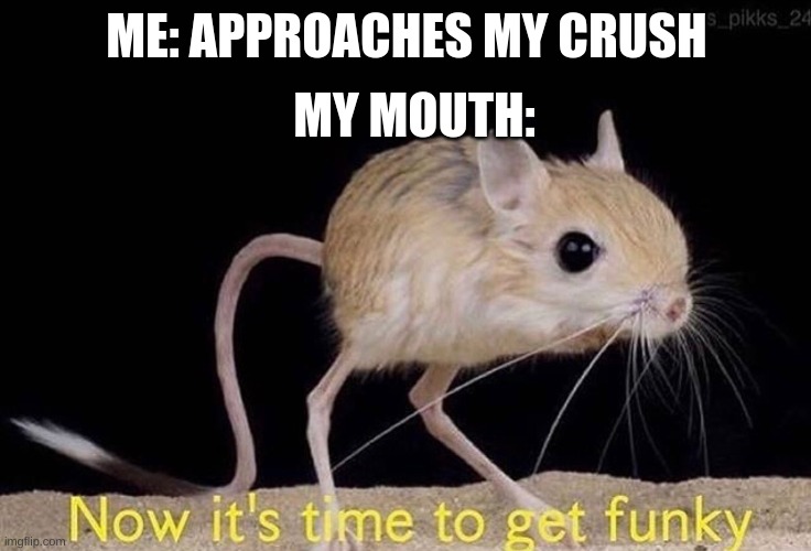 Now it’s time to get funky | MY MOUTH:; ME: APPROACHES MY CRUSH | image tagged in now its time to get funky | made w/ Imgflip meme maker