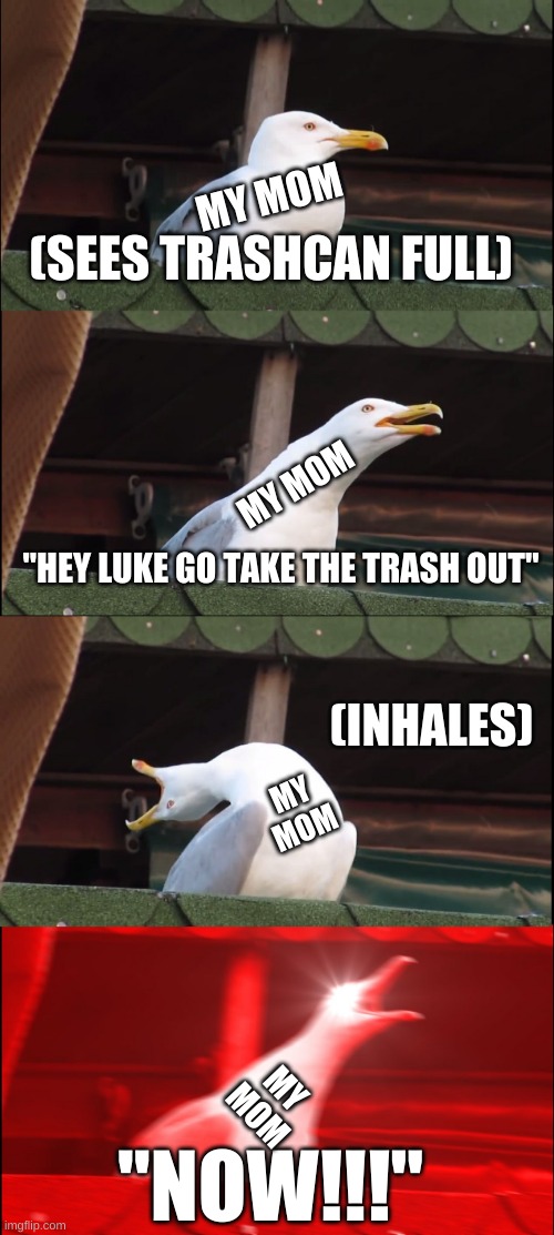 Inhaling Seagull Meme | MY MOM; (SEES TRASHCAN FULL); MY MOM; "HEY LUKE GO TAKE THE TRASH OUT"; (INHALES); MY MOM; MY MOM; "NOW!!!" | image tagged in memes,inhaling seagull | made w/ Imgflip meme maker