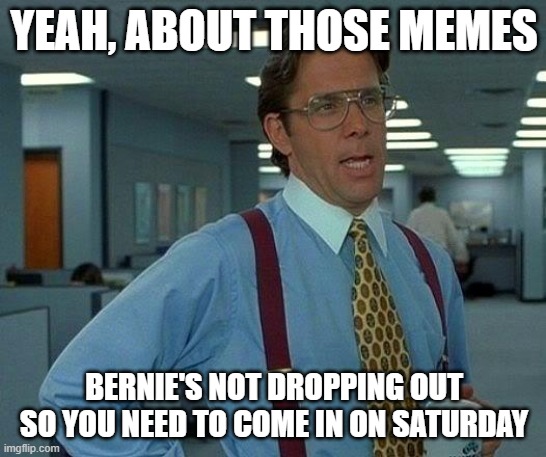 That Would Be Great | YEAH, ABOUT THOSE MEMES; BERNIE'S NOT DROPPING OUT
SO YOU NEED TO COME IN ON SATURDAY | image tagged in memes,that would be great | made w/ Imgflip meme maker