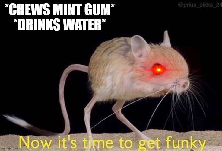 Now it’s time to get funky | *CHEWS MINT GUM*
*DRINKS WATER* | image tagged in now its time to get funky | made w/ Imgflip meme maker